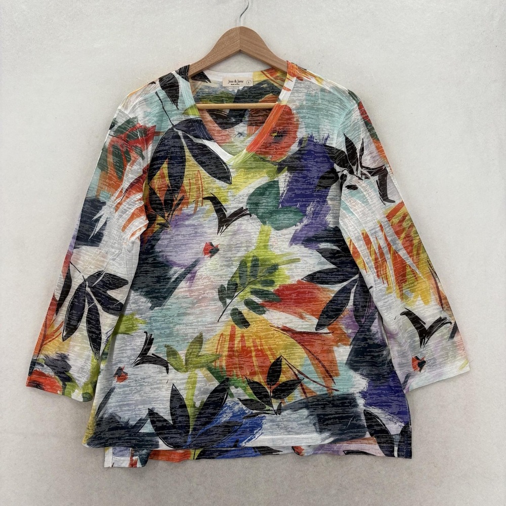Jess & Jane Tunic Top Womens Large Multicolor Floral V Neck 3/4 Sleeve Art Boho